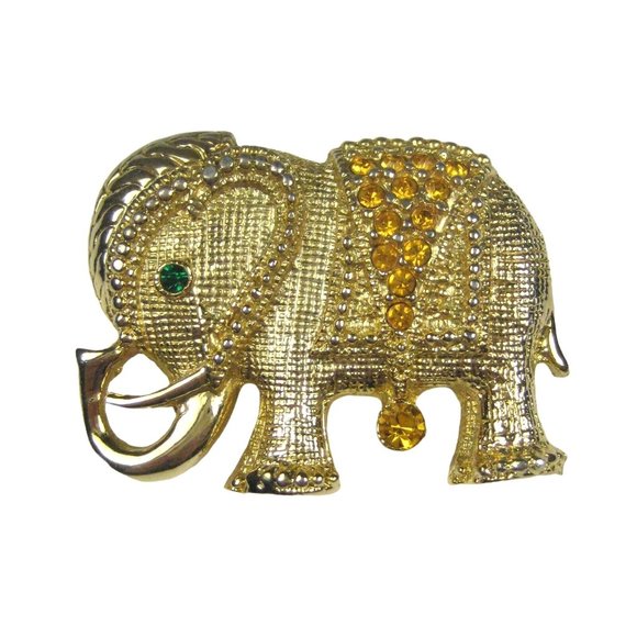 Jewelry Fashion Brooch Goldtone 1.75 Inch Pin Elephant Rhinestones Animal - Picture 1 of 4